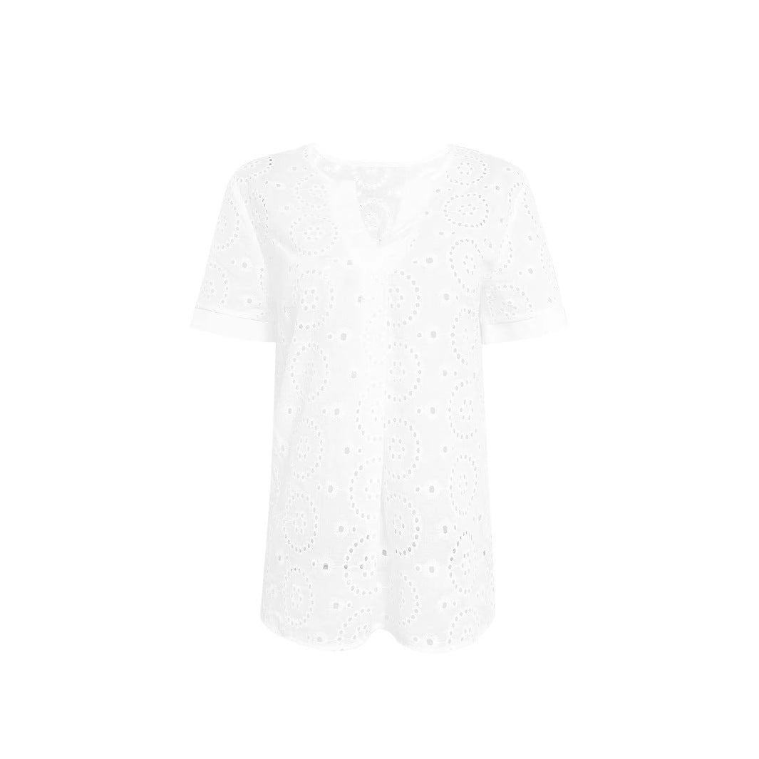 V-neck Hollow French Elegant Style Short Sleeve T-shirt