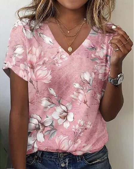 Printed Fashion New Floral V-neck Short-sleeved T-shirt