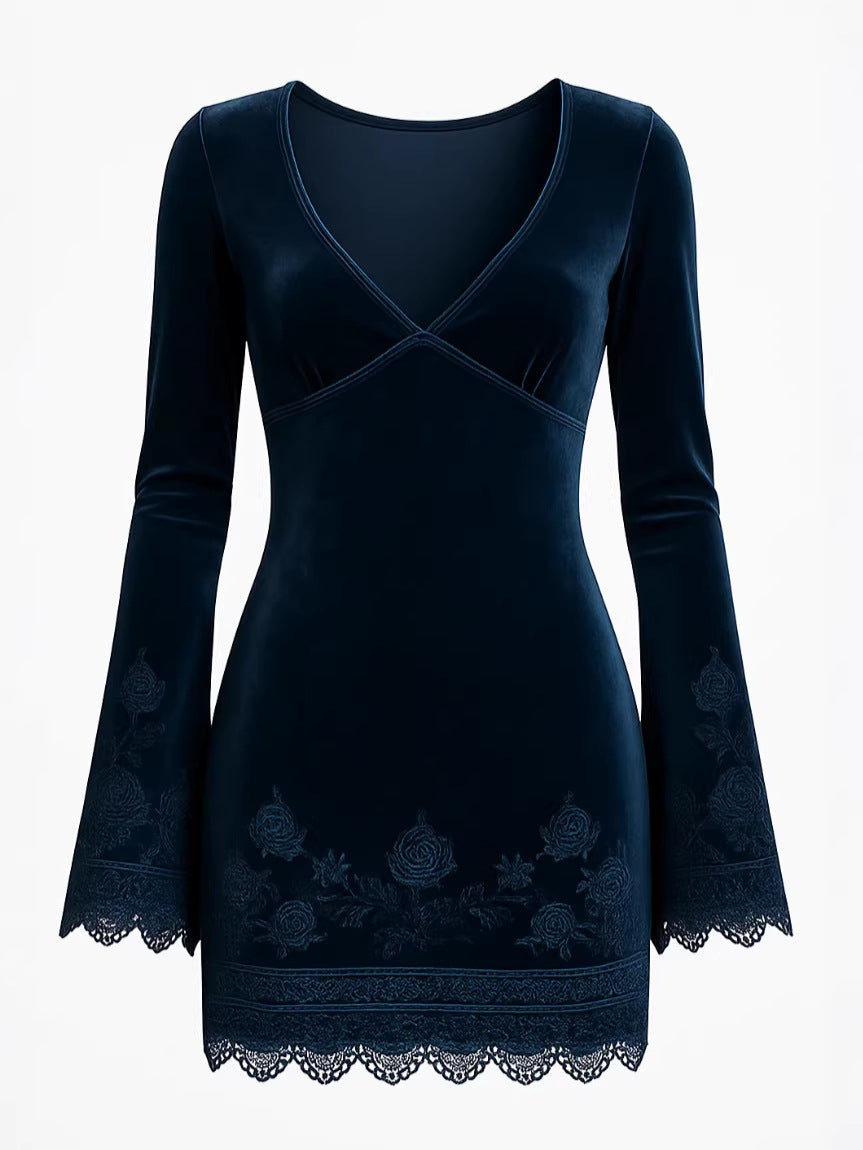 Women's V-neck Long Sleeved Velvet Lace Dress