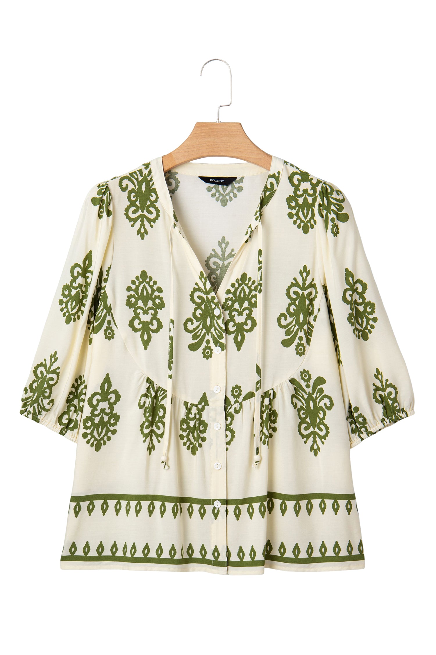 Apricot Floral Print Tie V Neck Button Down Puffy Half Sleeve Shirt