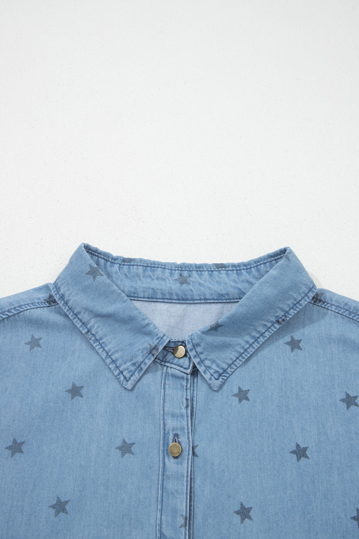 Beau Blue Star Allover Print Double Chest Pocket Short Sleeve Denim Shirt