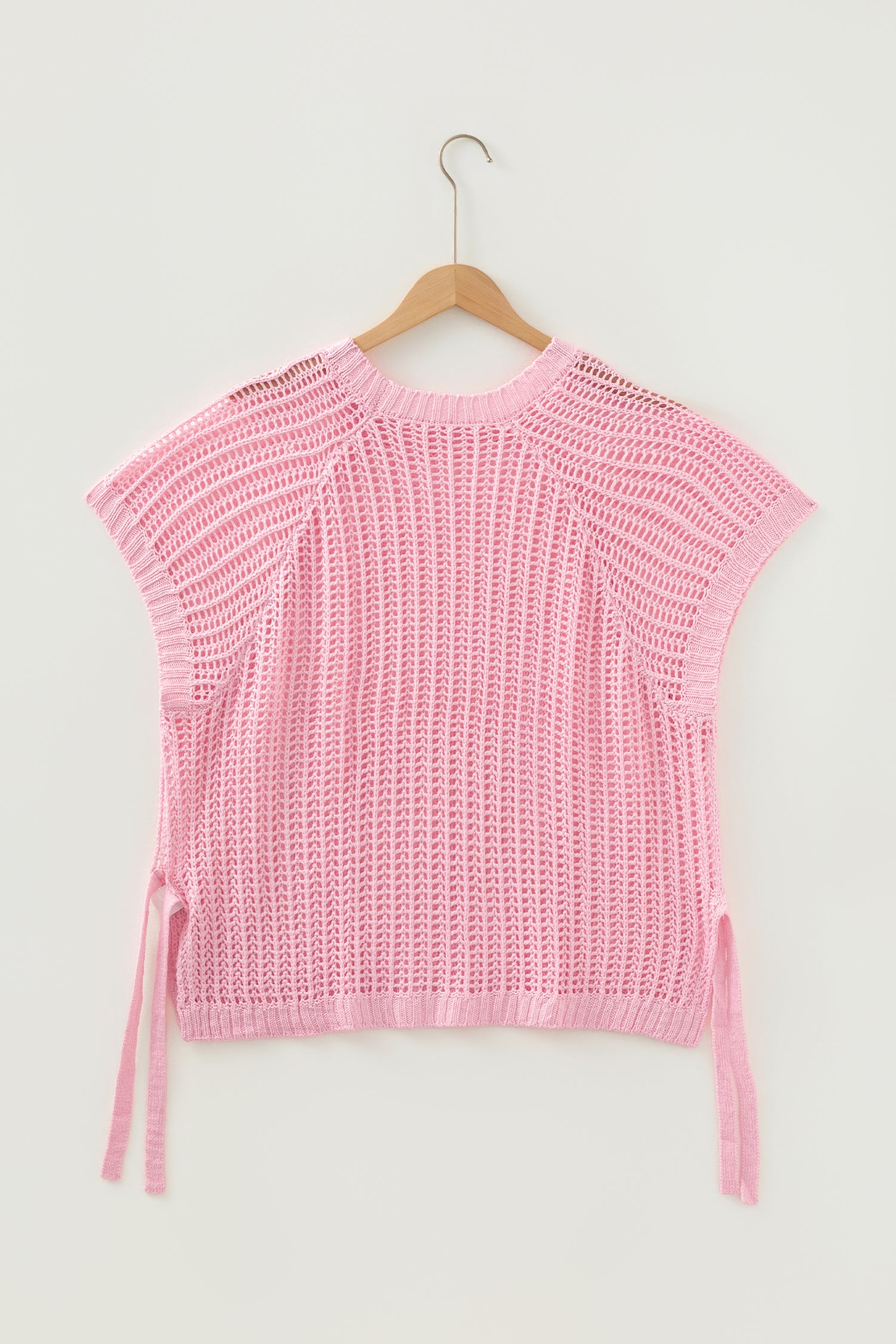 Pink Plus Size Open Knit Bow Tie Short Sleeve Sweater