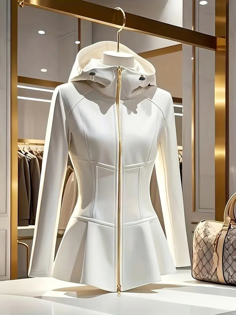 Women's Elegant White Hooded Jacket With Stand Collar