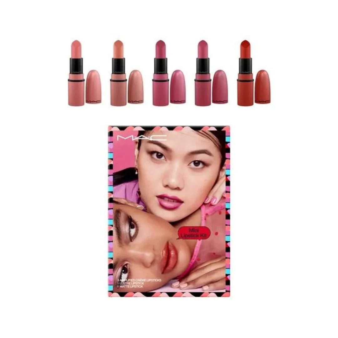 Mini Lipstick Kit Set MAC: Amplified, Matte, Cream Lipstick, You Can't Chili With Us, 1.8 g *Miniature + Amplified, Matte, Cream Lipstick, Double Date, 1.8 g *Miniature + Amplified, Matte, Cream Lipstick, Velvet Teddy, 1.8 g *Miniature + Amplified, Mat...