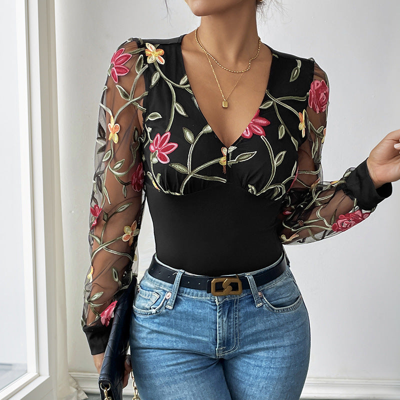 Sexy Romantic Retro Style Lace Long Sleeve Embroidered V-neck Jumpsuit