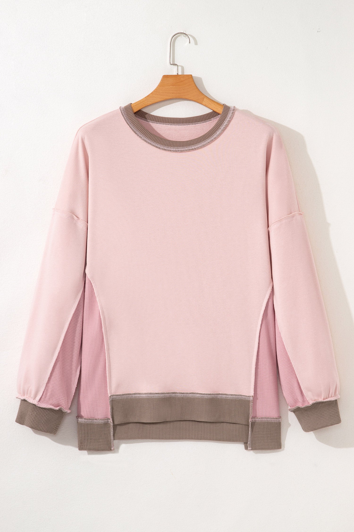 Light Pink Plus Color Block Waffle Patchwork Exposed Seam Baggy Sweatshirt