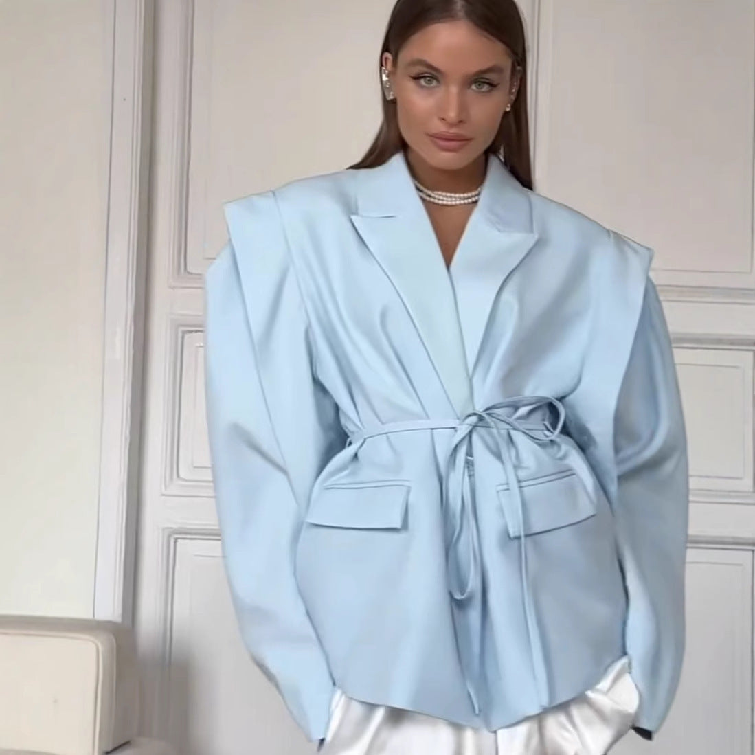 Women's Waist-controlled Lace-up Padded Shoulder Blazer