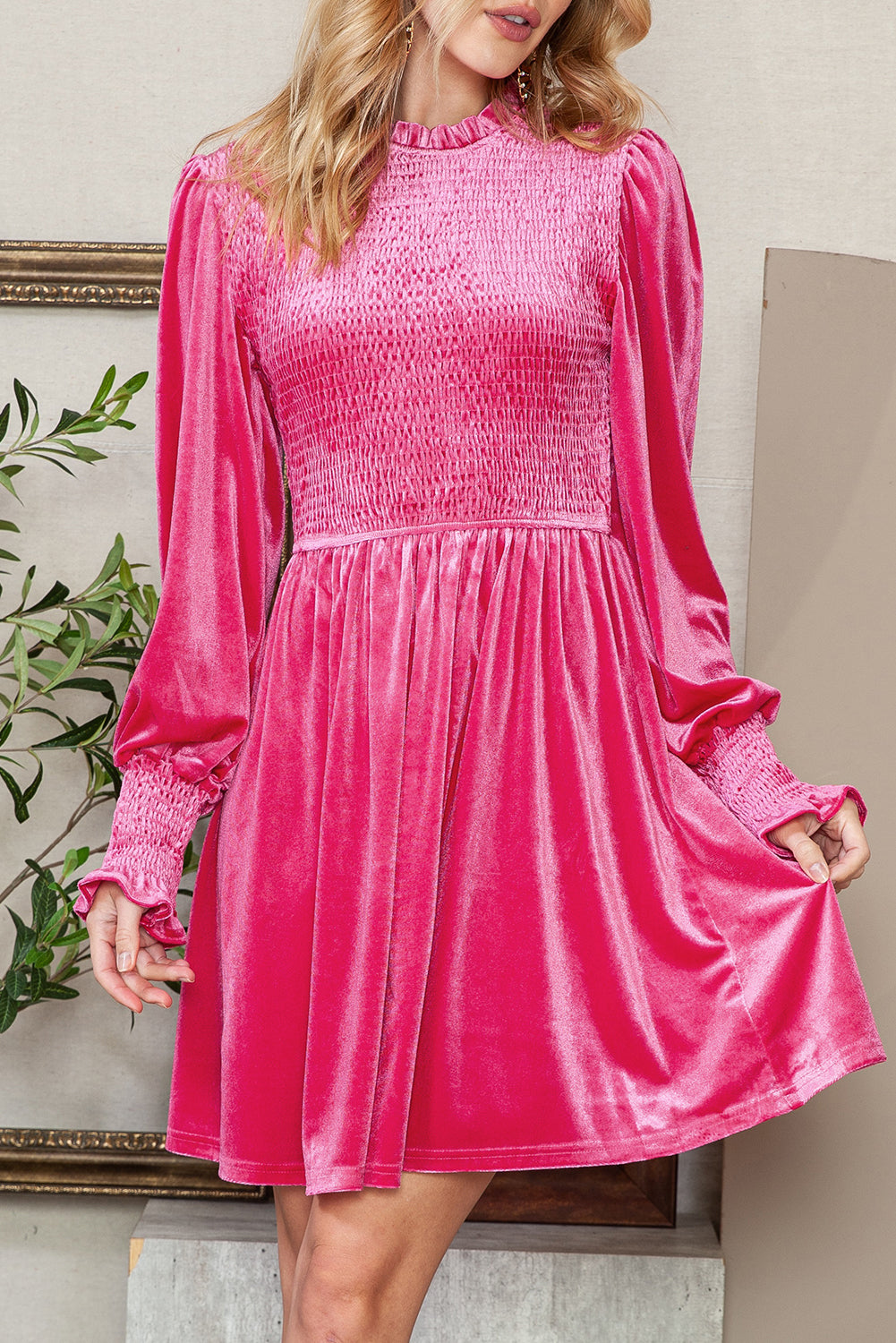 Green Smocked Lantern Sleeve Frilled Velvet Dress