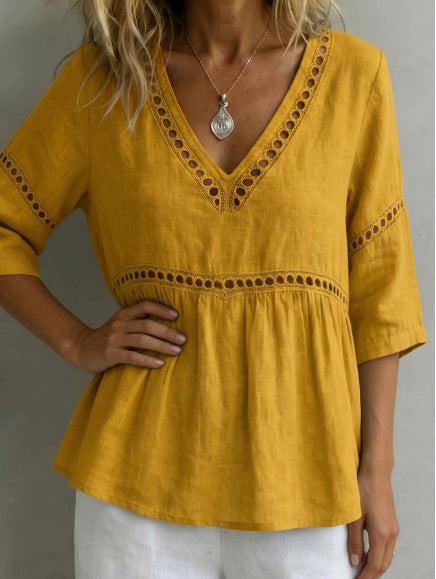 Solid-color V-neck Hollow-out Casual Fringed Top