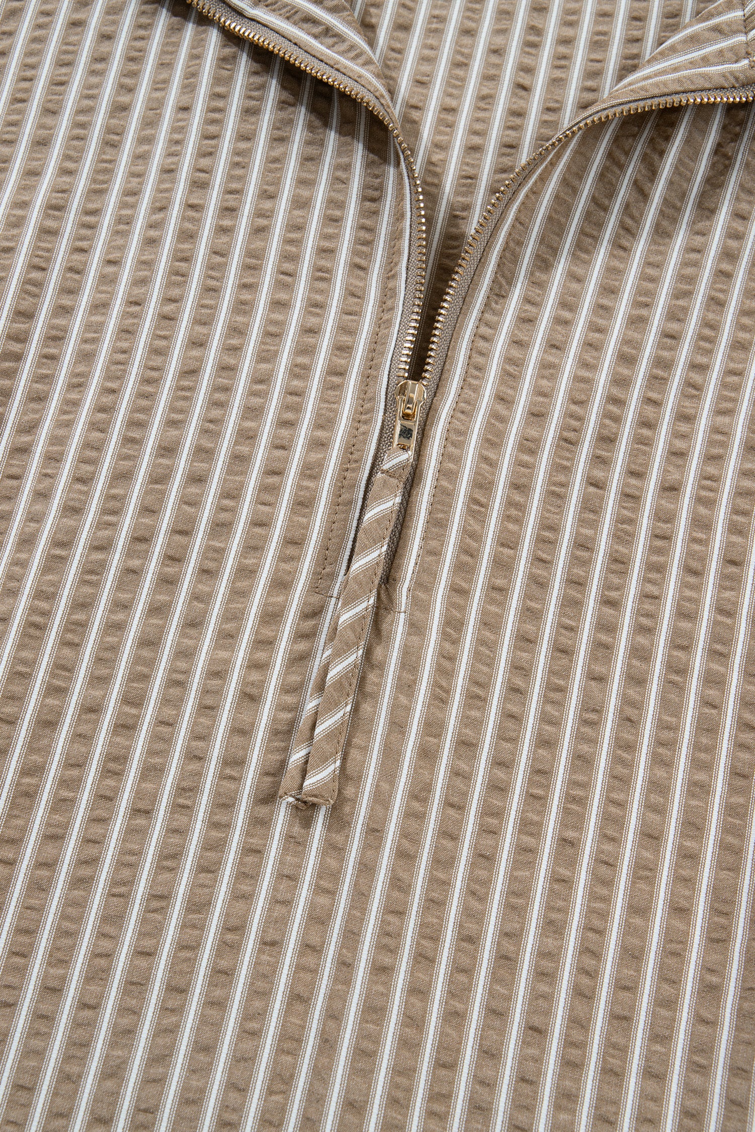 Khaki Stripe Zip up Collared Puff Sleeve Ruffled Plus Size Mini Dress