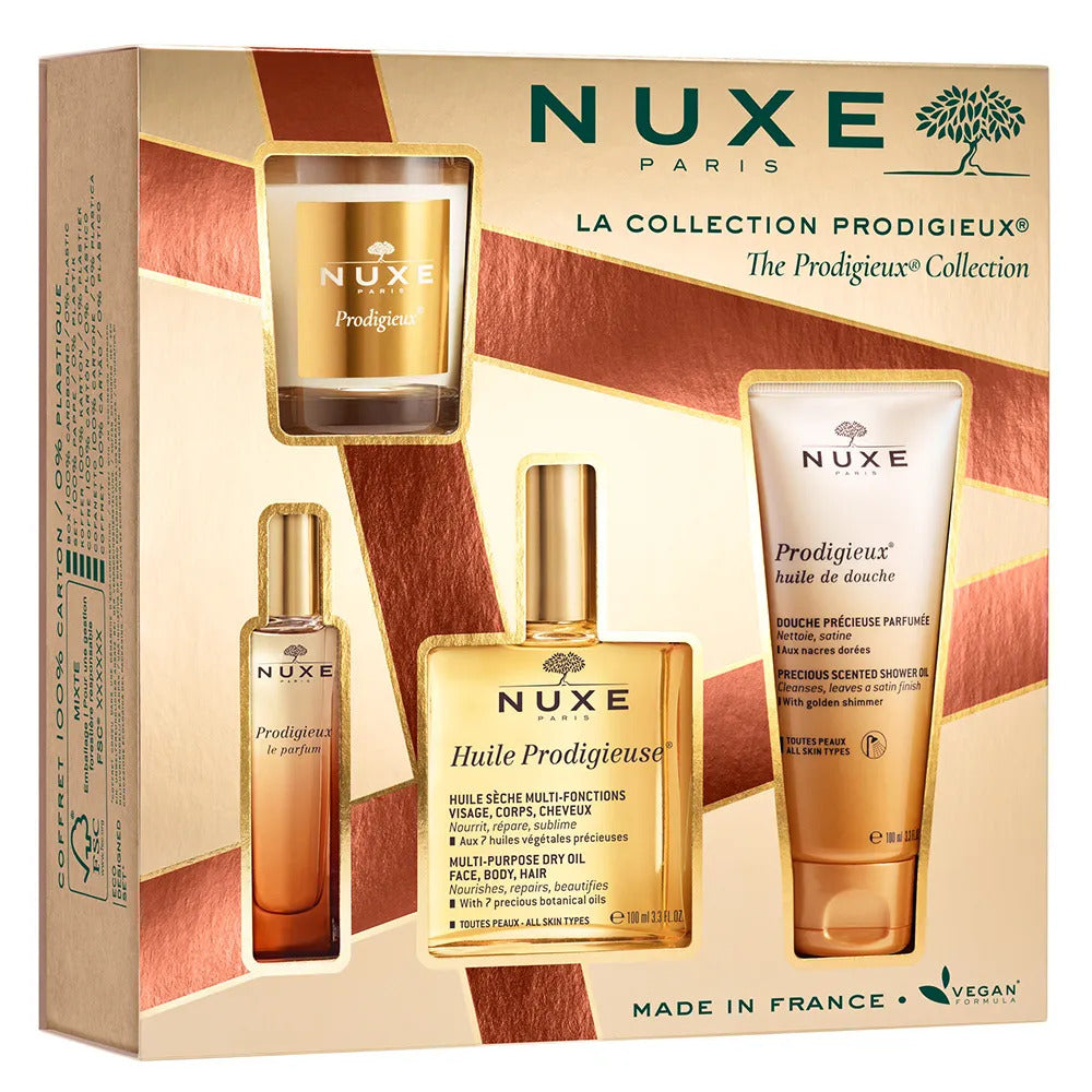 Collection Set Nuxe: Prodigieux Le Parfum, Eau De Parfum, For Women, 15 ml + Prodigieux, Shower Oil, All Over The Body, For All Skin Types, 100 ml + Huile Prodigieuse Or Multi-Purpose, Body Oil, For Face, Body & Hair, 100 ml + Prodigieux, Scented Candl...
