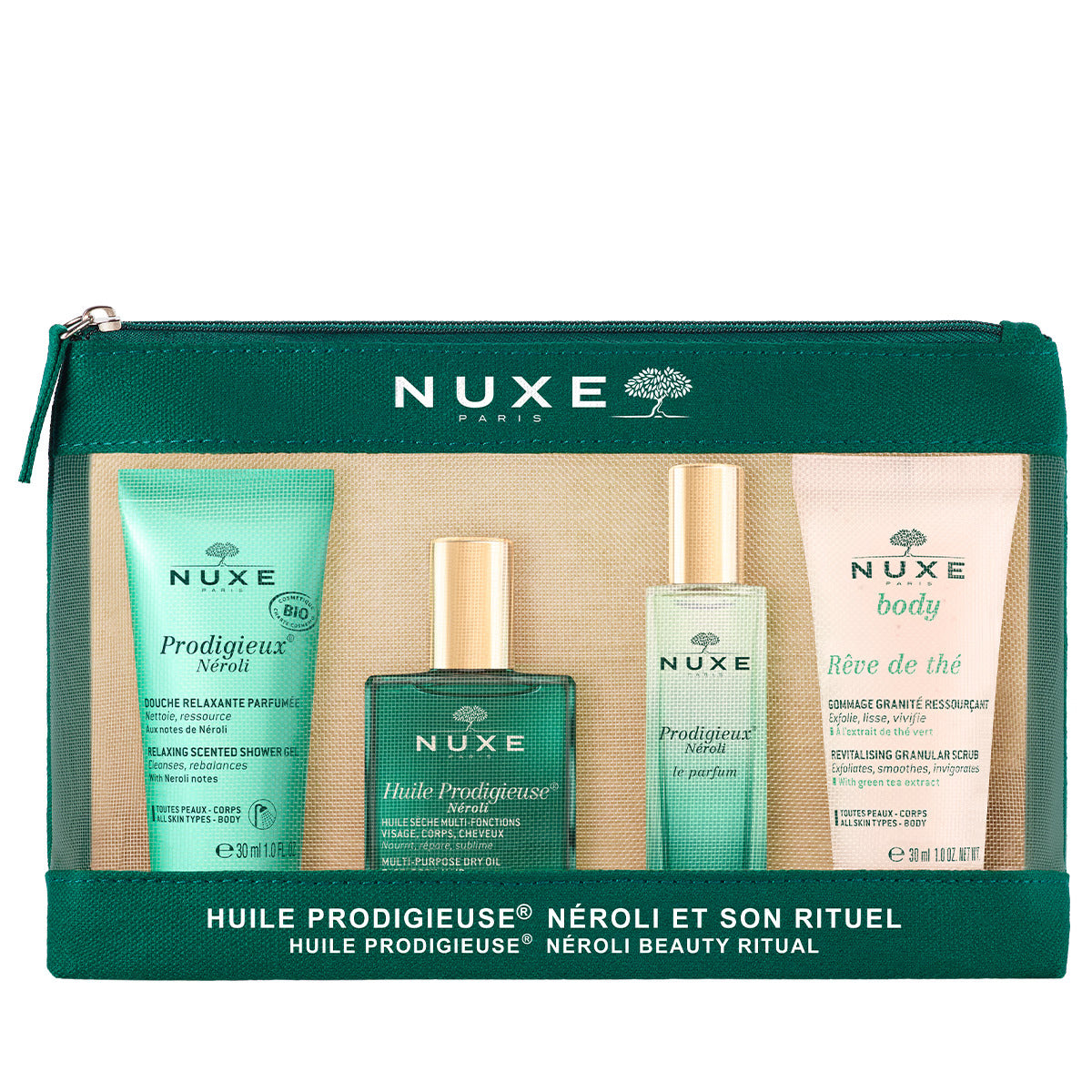Travel Set Nuxe: Prodigieux Neroli, Shower Gel, All Over The Body, For All Skin Types, 30 ml + Prodigieux Neroli, Eau De Parfum, For Women, 15 ml *Miniature + Reve de The, Vegan, Revitalising, Body Scrub, 30 ml + Huile Prodigieuse Multi-Purpose Neroli,...