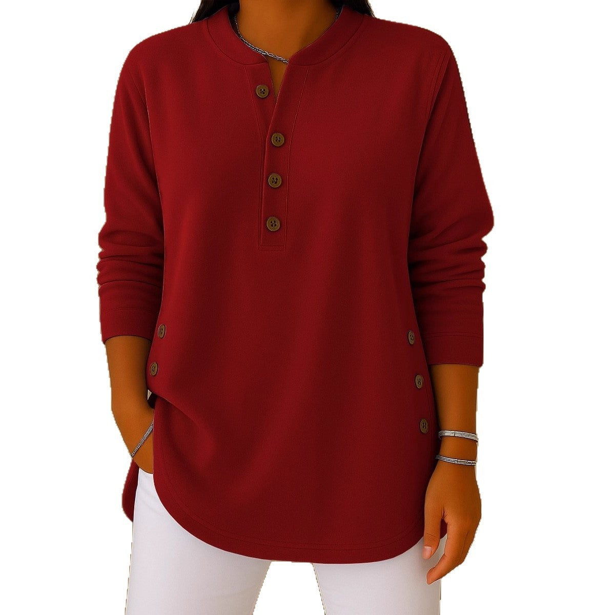 V-neck Button Solid Color Knitted Long Sleeve T-shirt