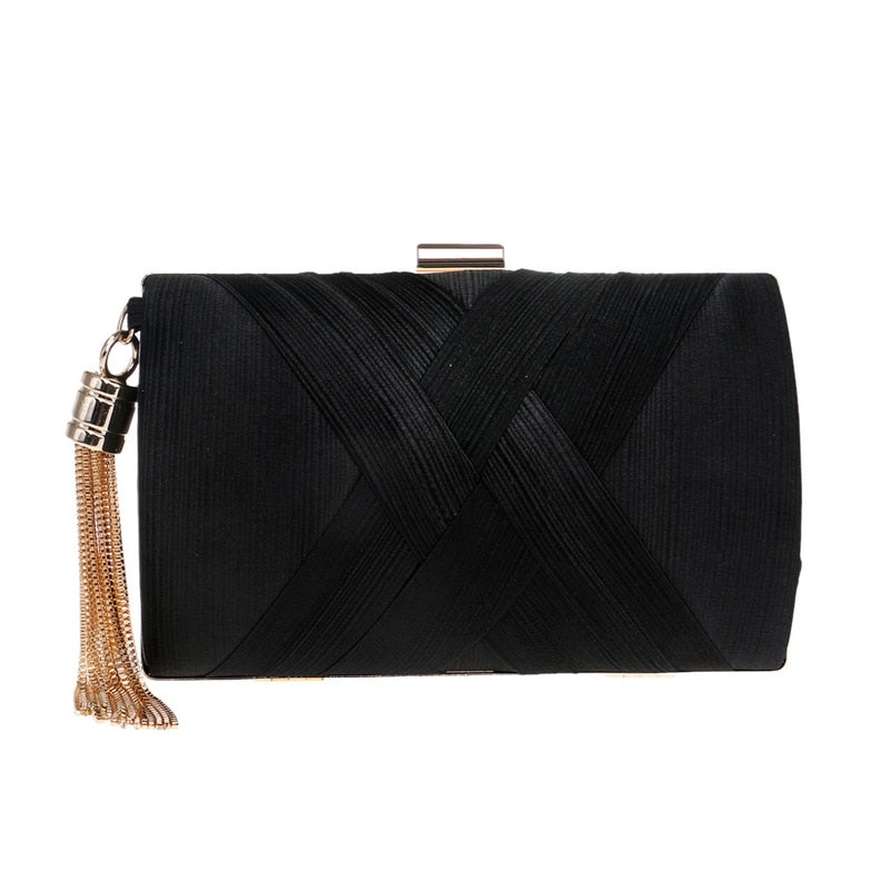Luxury Lady Women Clutch Bags Tassel Golden Satin Evening Bags Wedding Bridal Handbags Shoulder Chain Purse
