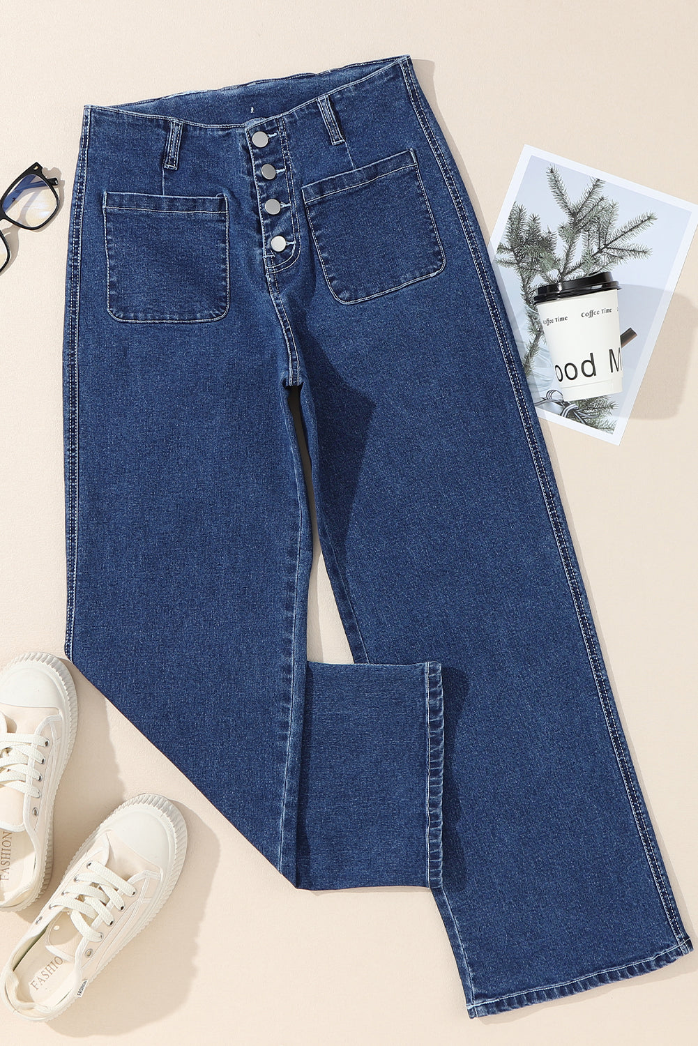 Gray High Waist Button Front Wide Leg Cropped Jeans