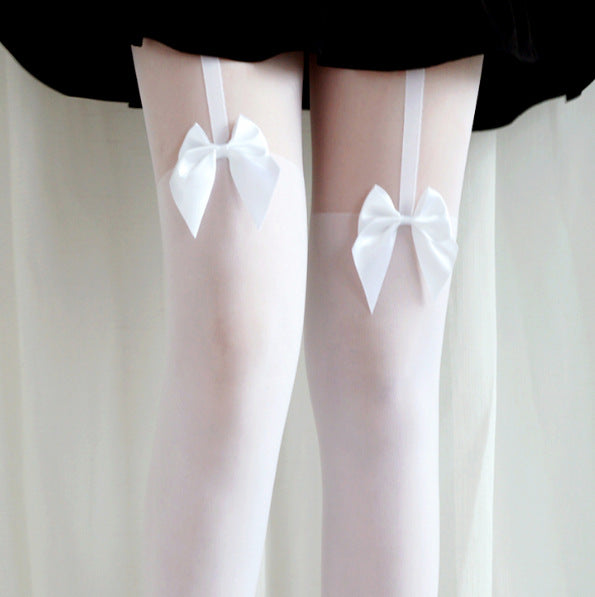 Women's Fashion Garter Bow Solid Color Thigh-high Stockings