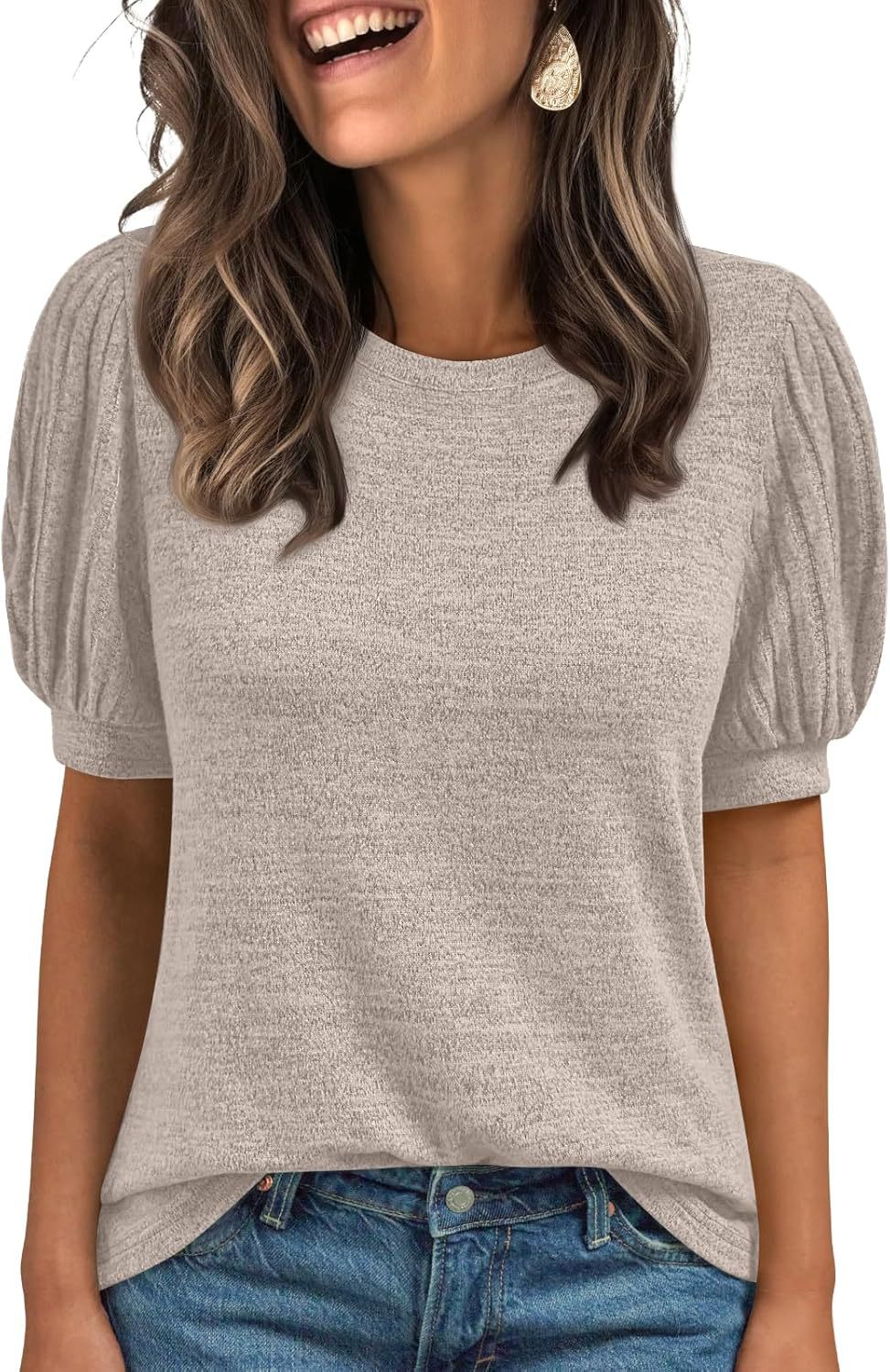 Spring Summer Crew-Neck Solid-Color Elastic-Cuff Short-Sleeve Top