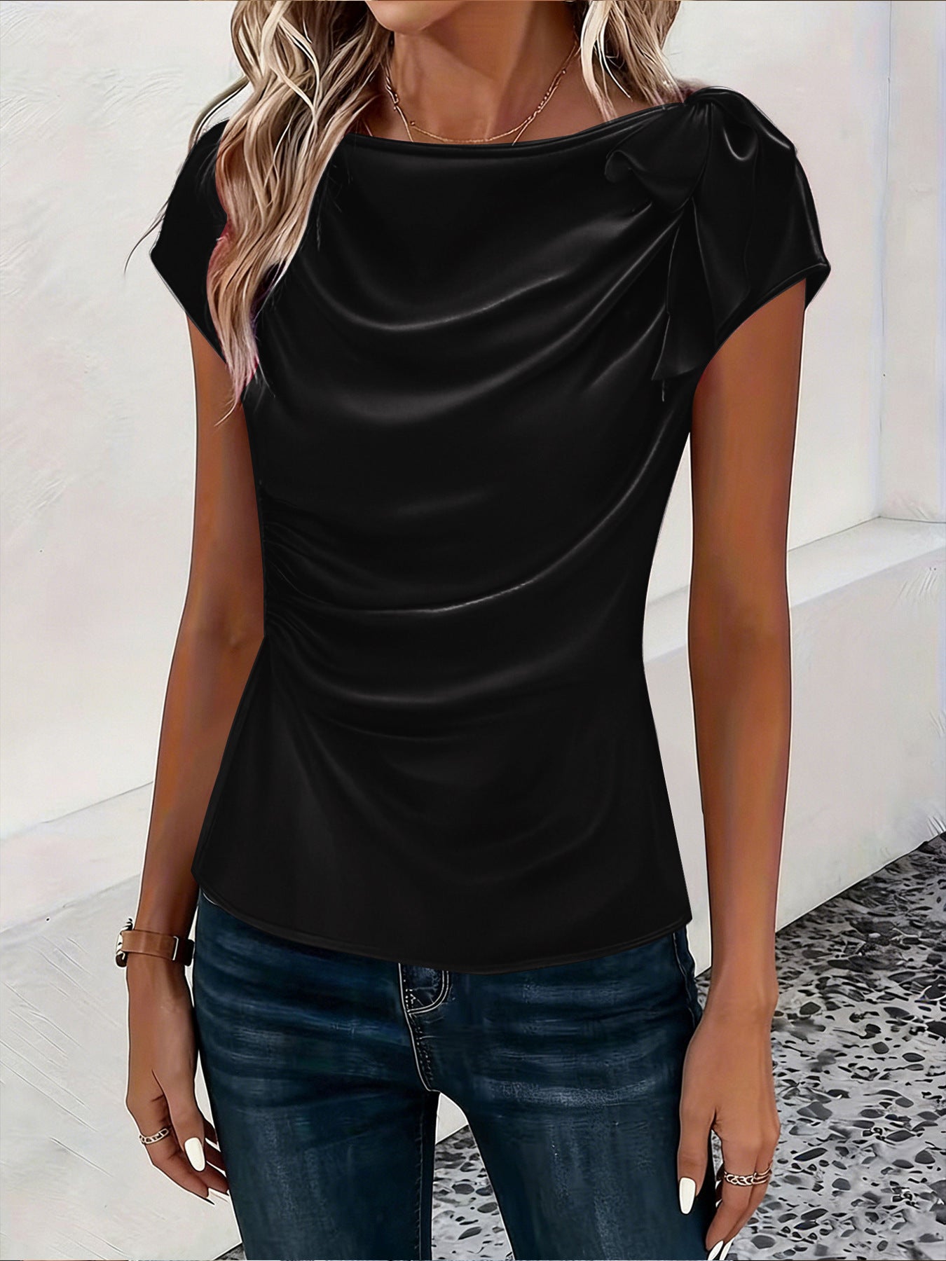 Solid-color Satin Faux-silk Off-the-shoulder Sleeveless Work Top