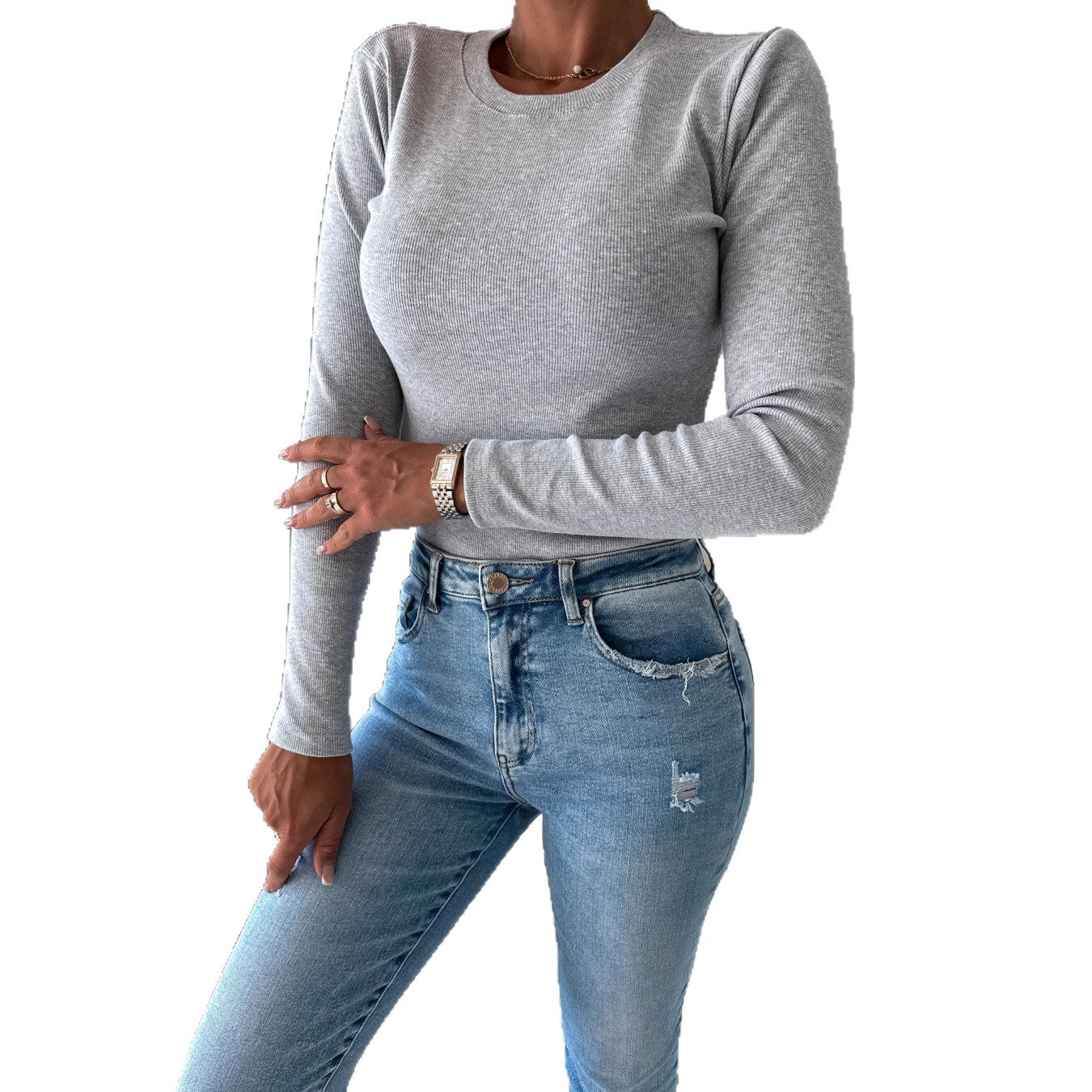 Simple Solid Color Round Neck New Long Sleeve Knit Top Women