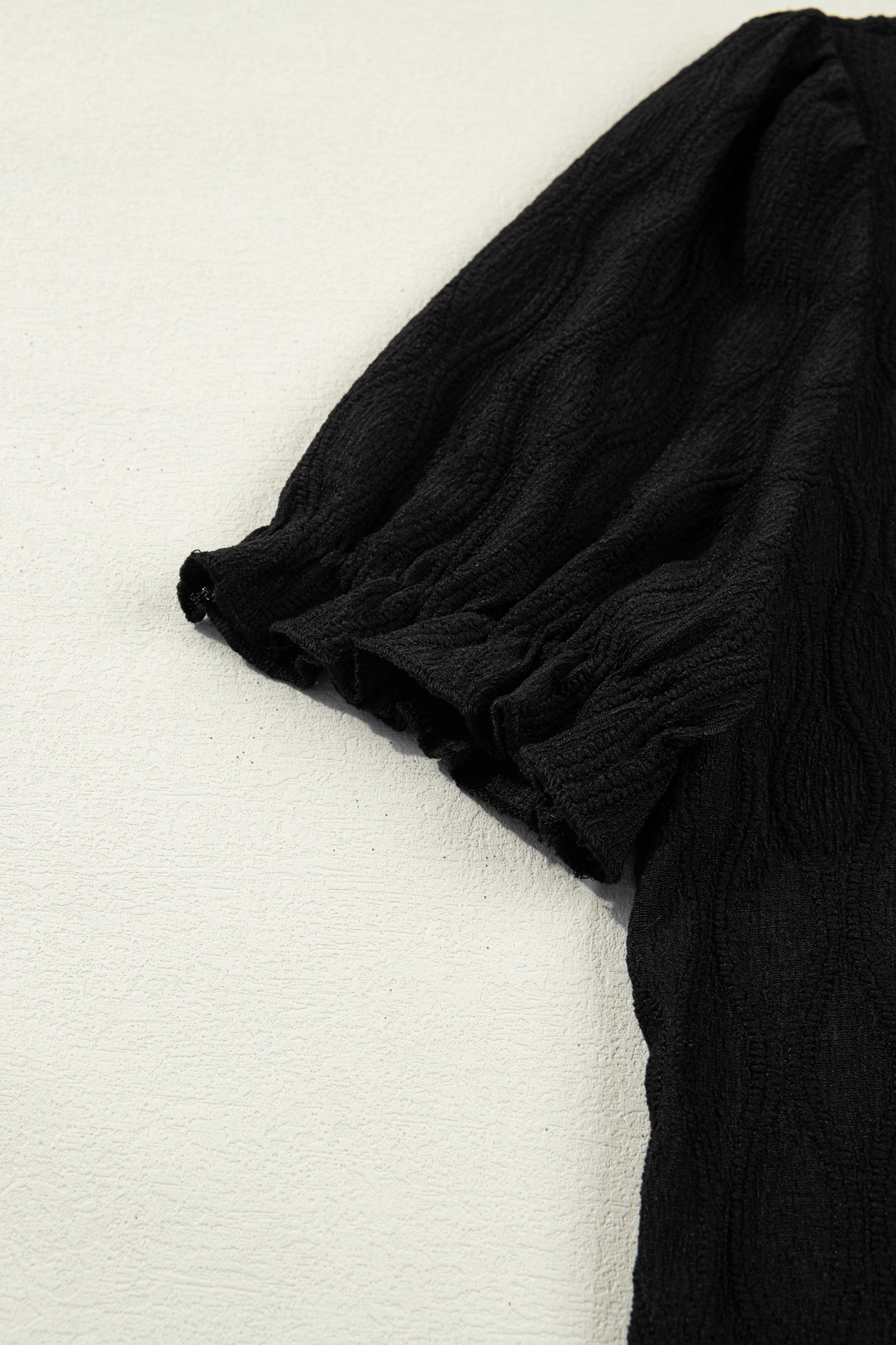 Black Solid Color Textured Notched Neck Puff Sleeve Blouse