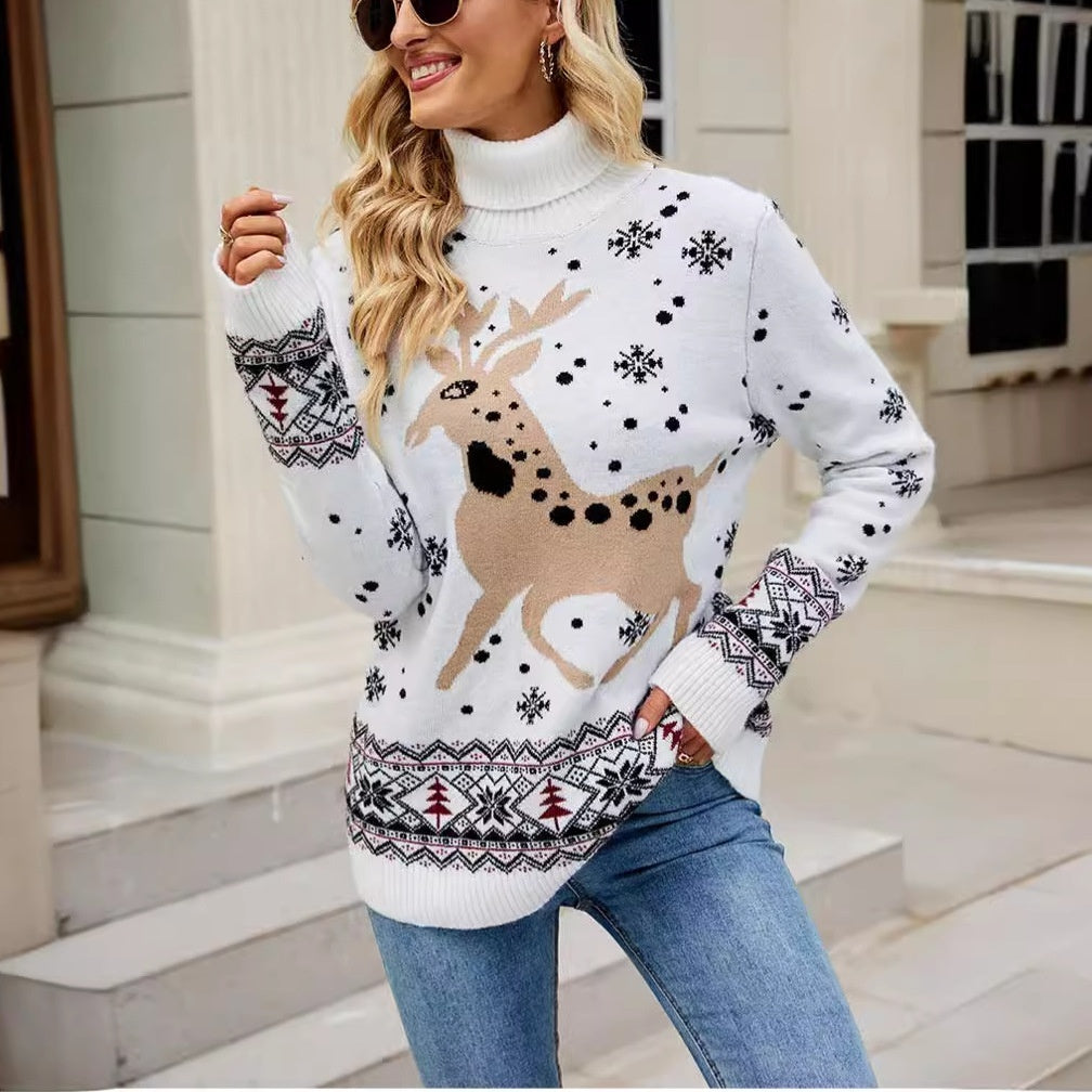 High Collar Loose Long Sleeve Snowflake Sweater For Women