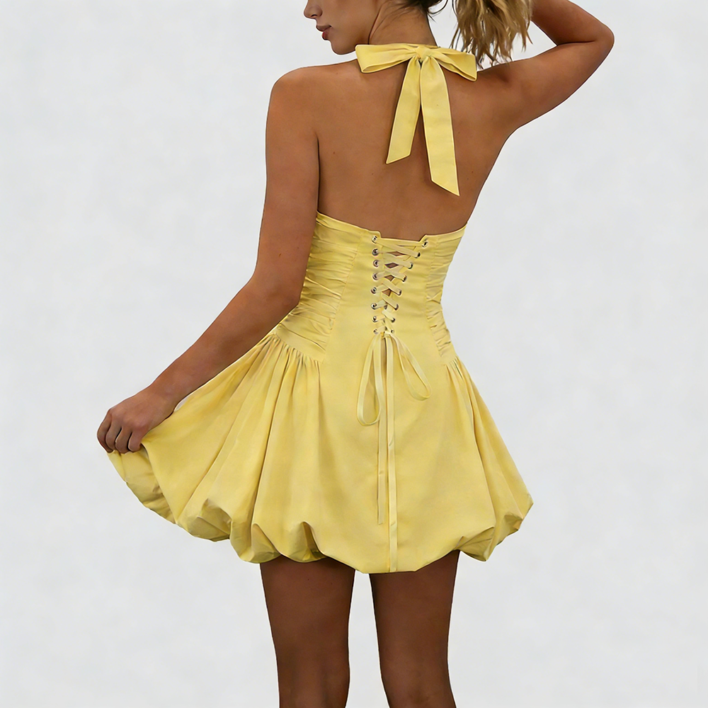 Women's Fashion Deep V Backless Halter Neck Tie Ribbon Bow Bubble Mini Dress