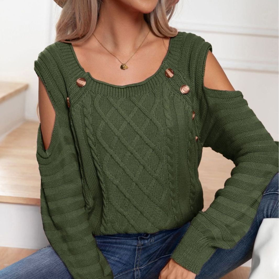 Button Square Collar Off-the-shoulder Long Sleeve Twisted Cable-knit Sweater Women