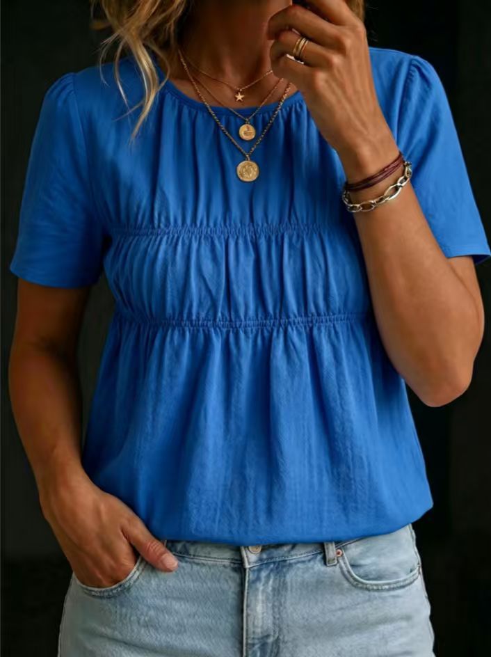 Women's Pleated Crew-Neck Short-Sleeve Top T-Shirt