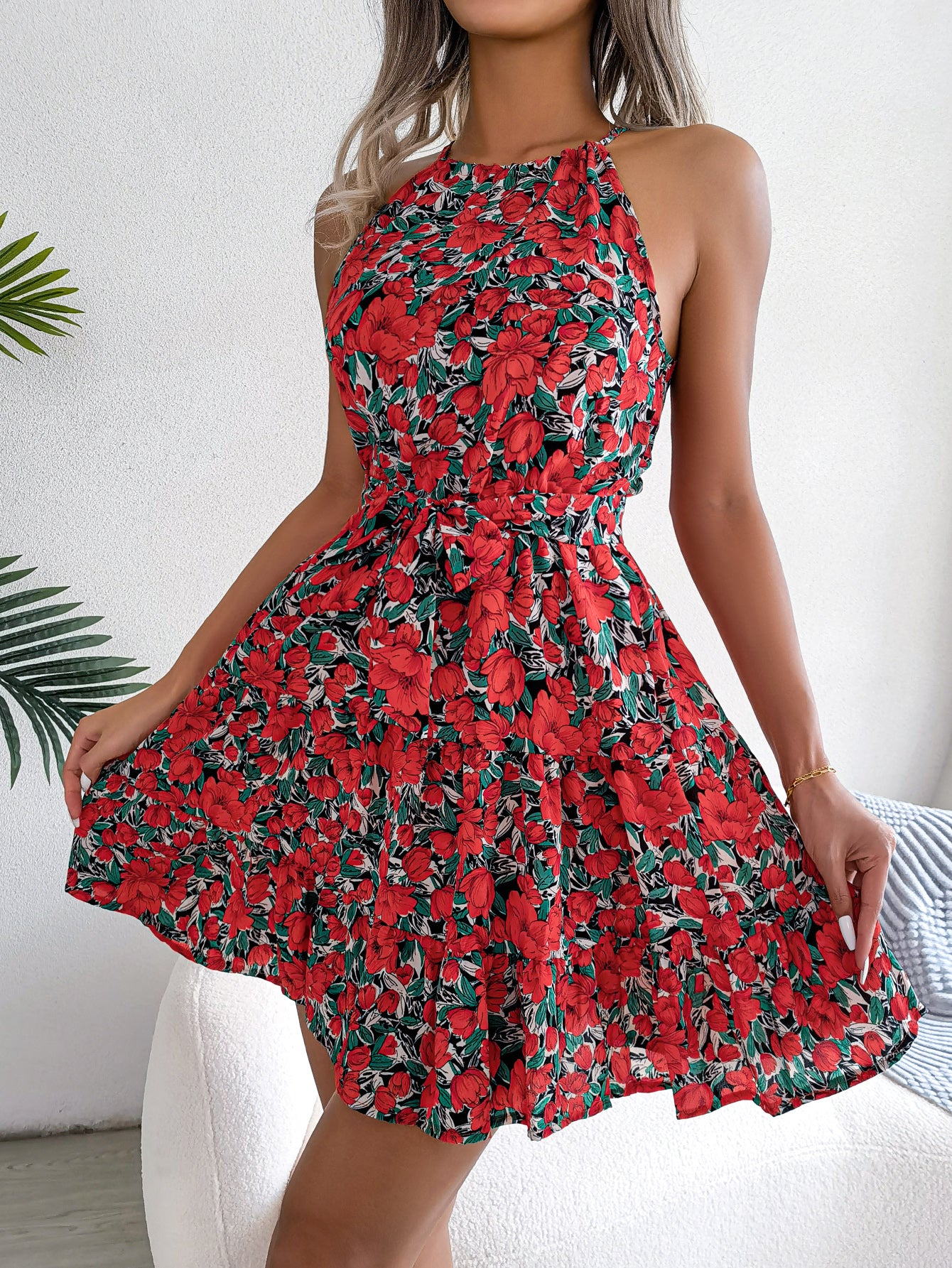 Women Casual Ruffle Hem Flowy Floral Print Vacation Dress