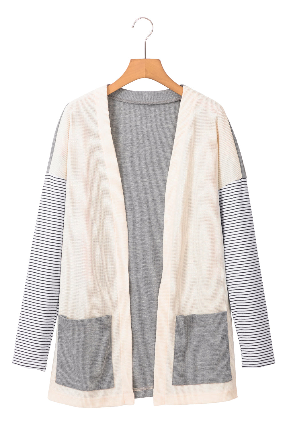 Cardigan frontale aperto con tasca patchwork a righe nere