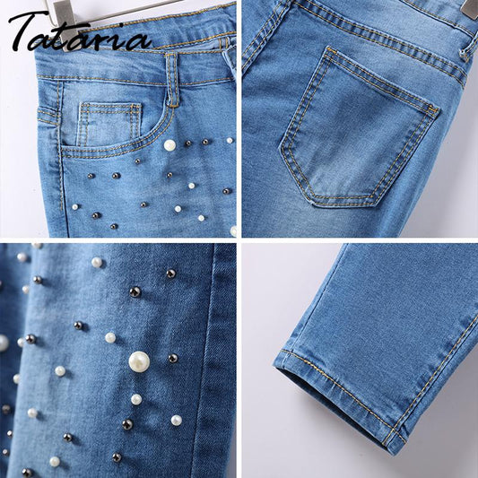 Denim Women Skinny Jeans With Pearls Pants Slim Pearl Jeans Woman 2018 Mid Waist Pencil Jean For Women