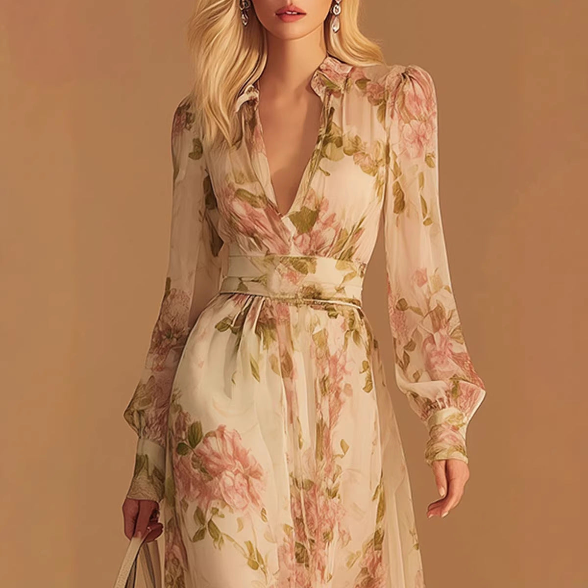 Floral-print V-neck French Vintage Mesh Dress