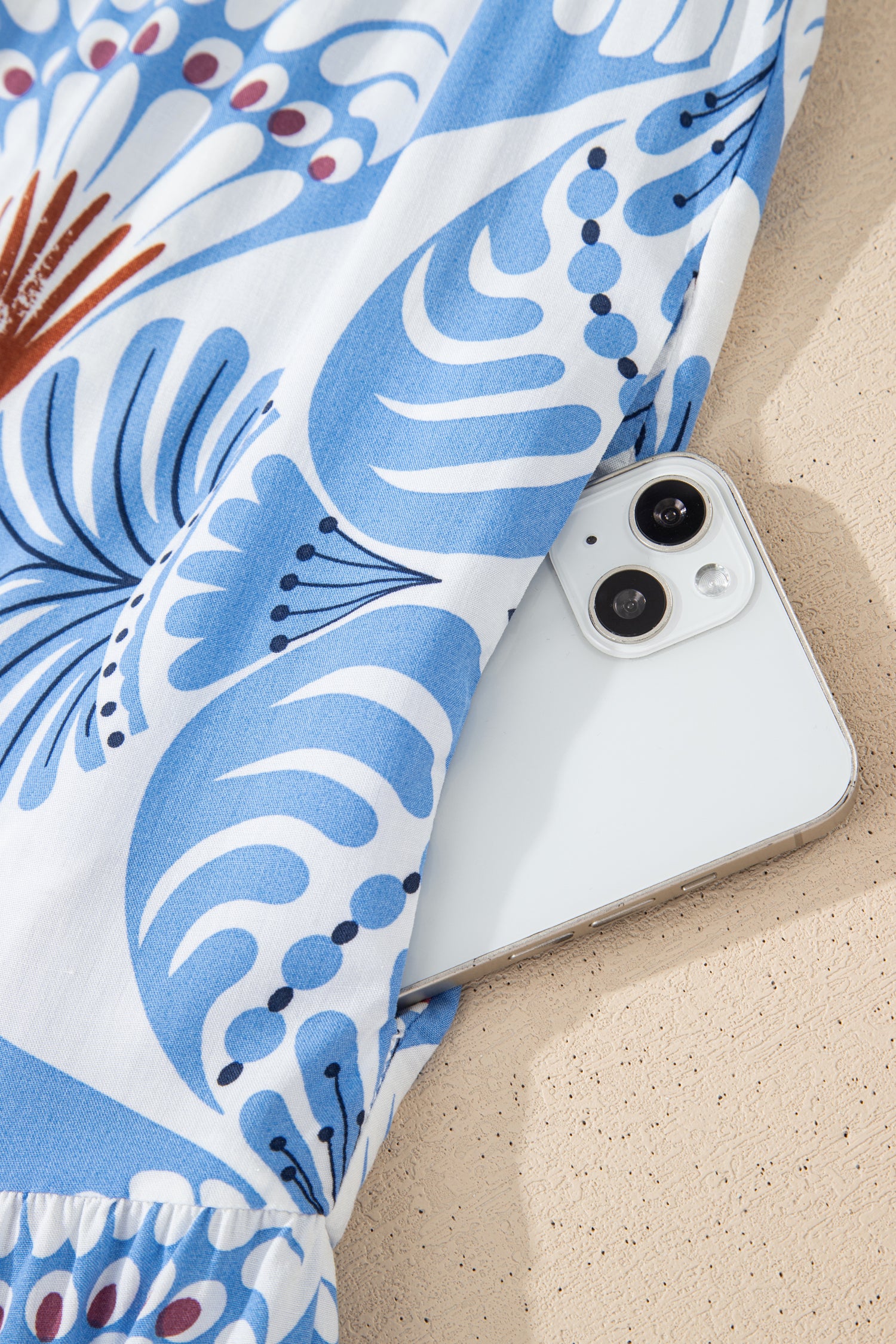 Sky Blue Tropical Botanic Print Flutter Sleeve Vacation Long Dress