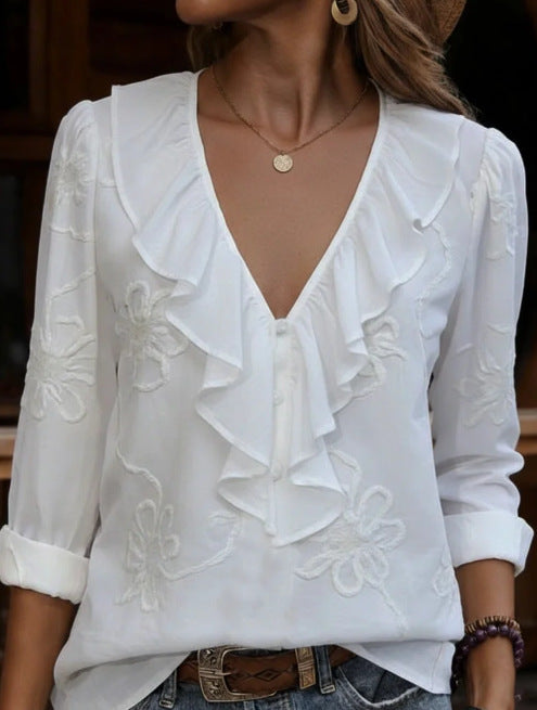 Women's Retro Ruffle-trimmed V-neck Shirt