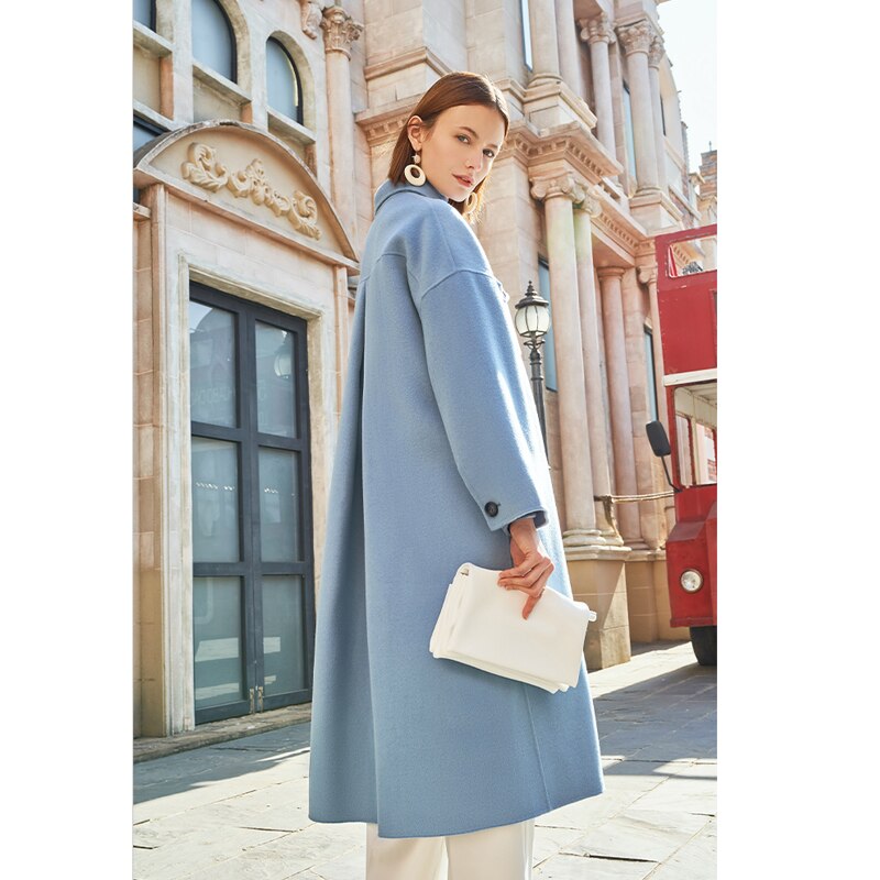 Cappotto invernale in lana doppia AEL da donna Grigio-blu Cappotto lungo a maniche larghe retrò moda sciolto da donna