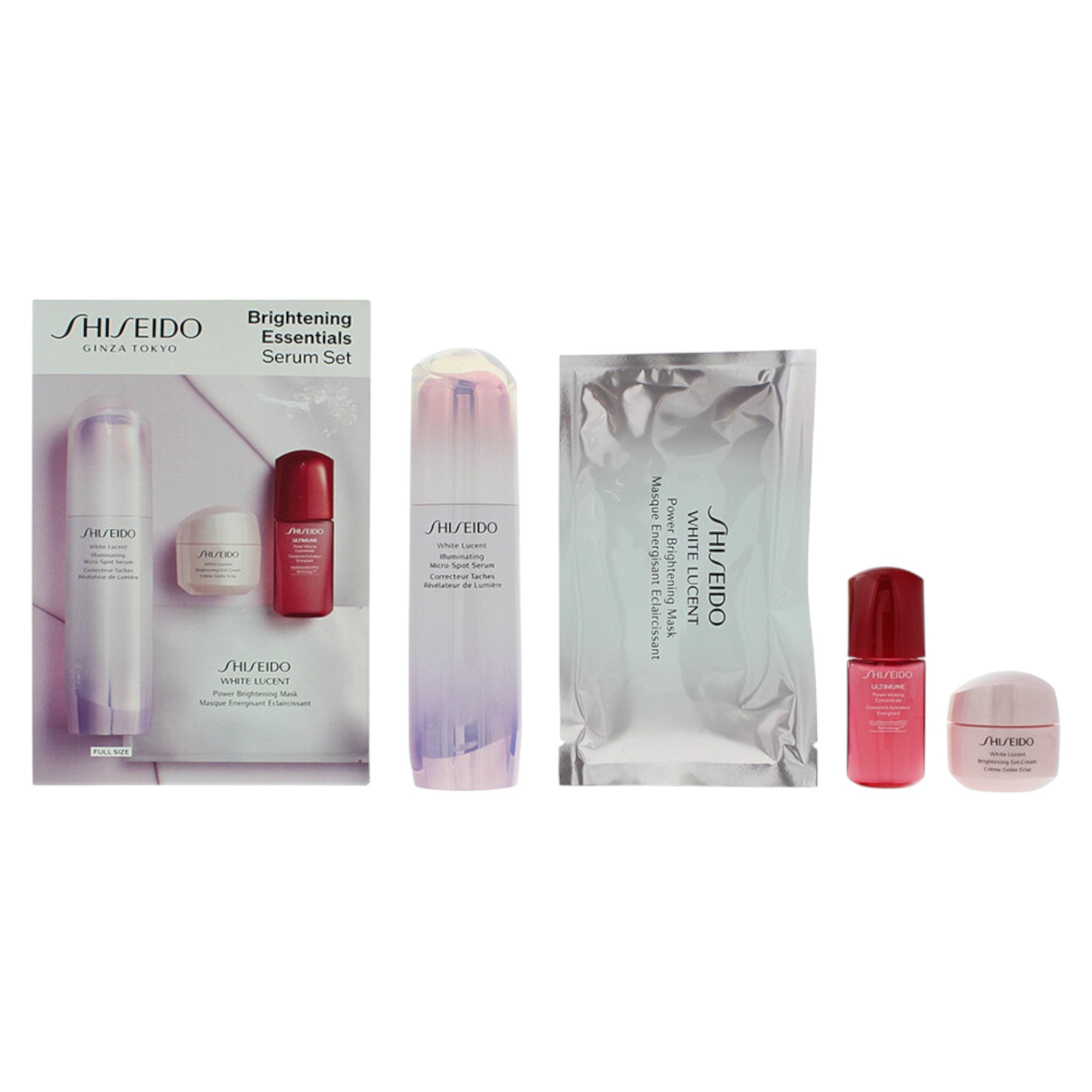 Set Shiseido: Brightening Essentials, Pigment-Correcting, Serum, For Face, 50 ml + Brightening Essentials, Hydrating, Serum, For Face, 10 ml *Miniature + Brightening Essentials, Hydrating, Gel Cream, For Face & Neck, 15 ml + Brightening Essentials, Hyd...