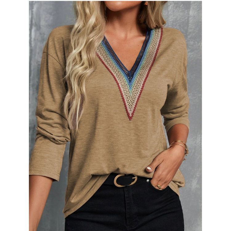 Autumn And Winter Lace Spliced V-neck Loose Long Sleeve