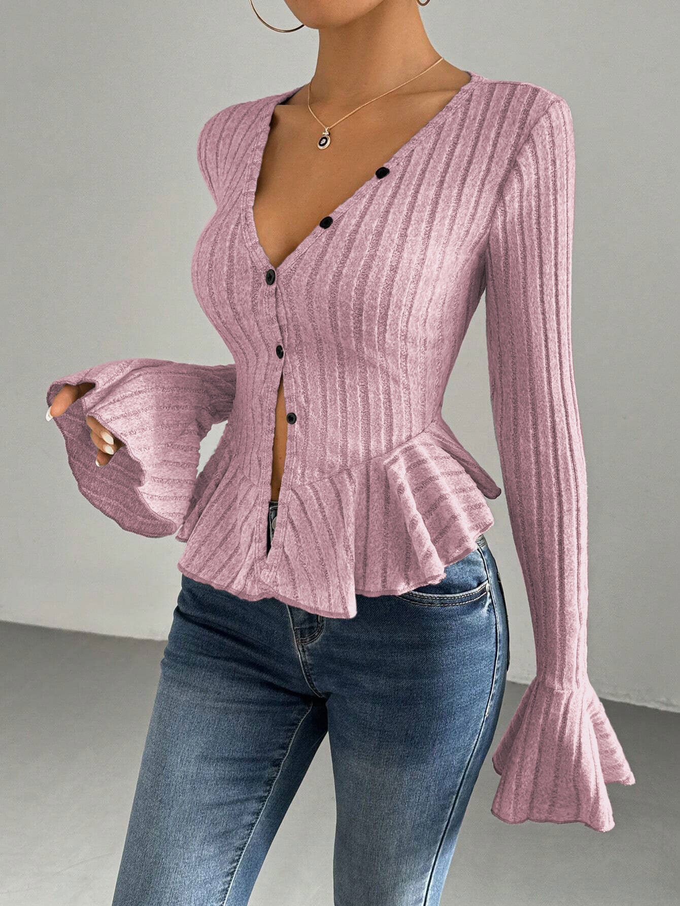 European And American Elegant Style Autumn And Winter New V-neck Ruffled Slim Temperament Top