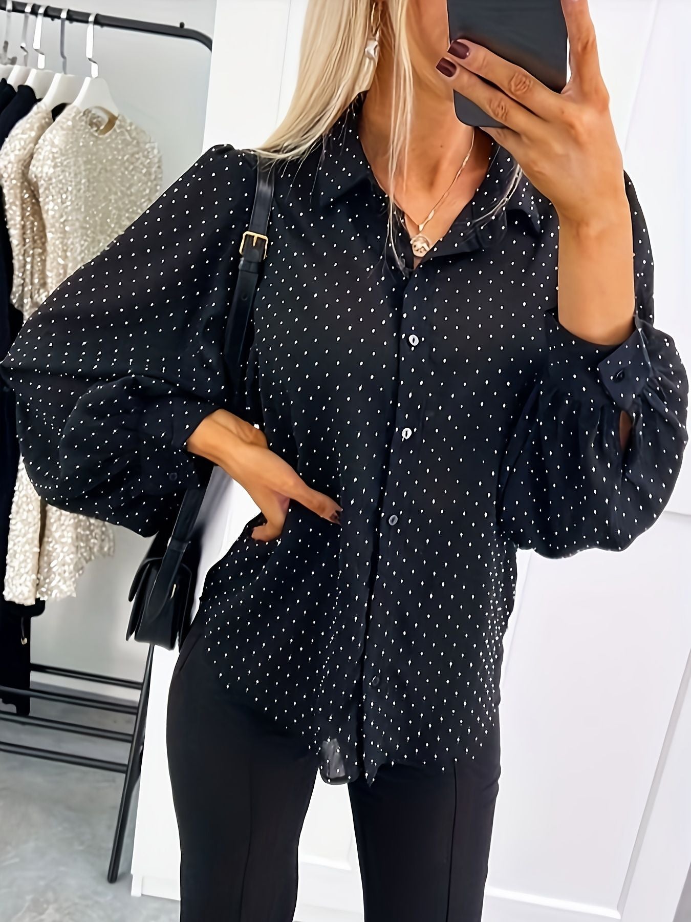 Women's Casual Loose-Fitting Long-Sleeve Polka-Dot Shirt
