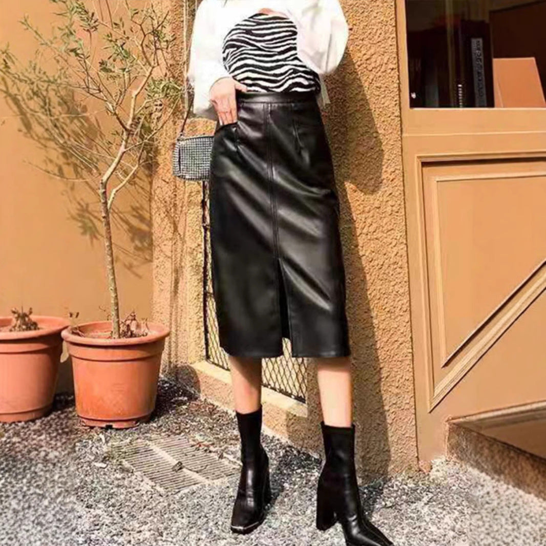Front Slit Leather Skirt Women's Winter Skirt New
