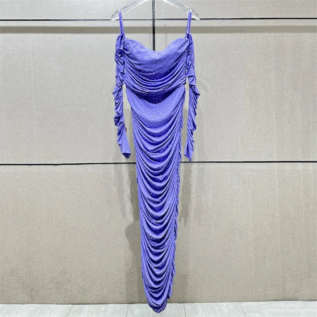 Womens dresses Spring New in Shiny hot diamond decoration sexy Off Shoulder Dress Pleated slim fit Long dresses Party dress