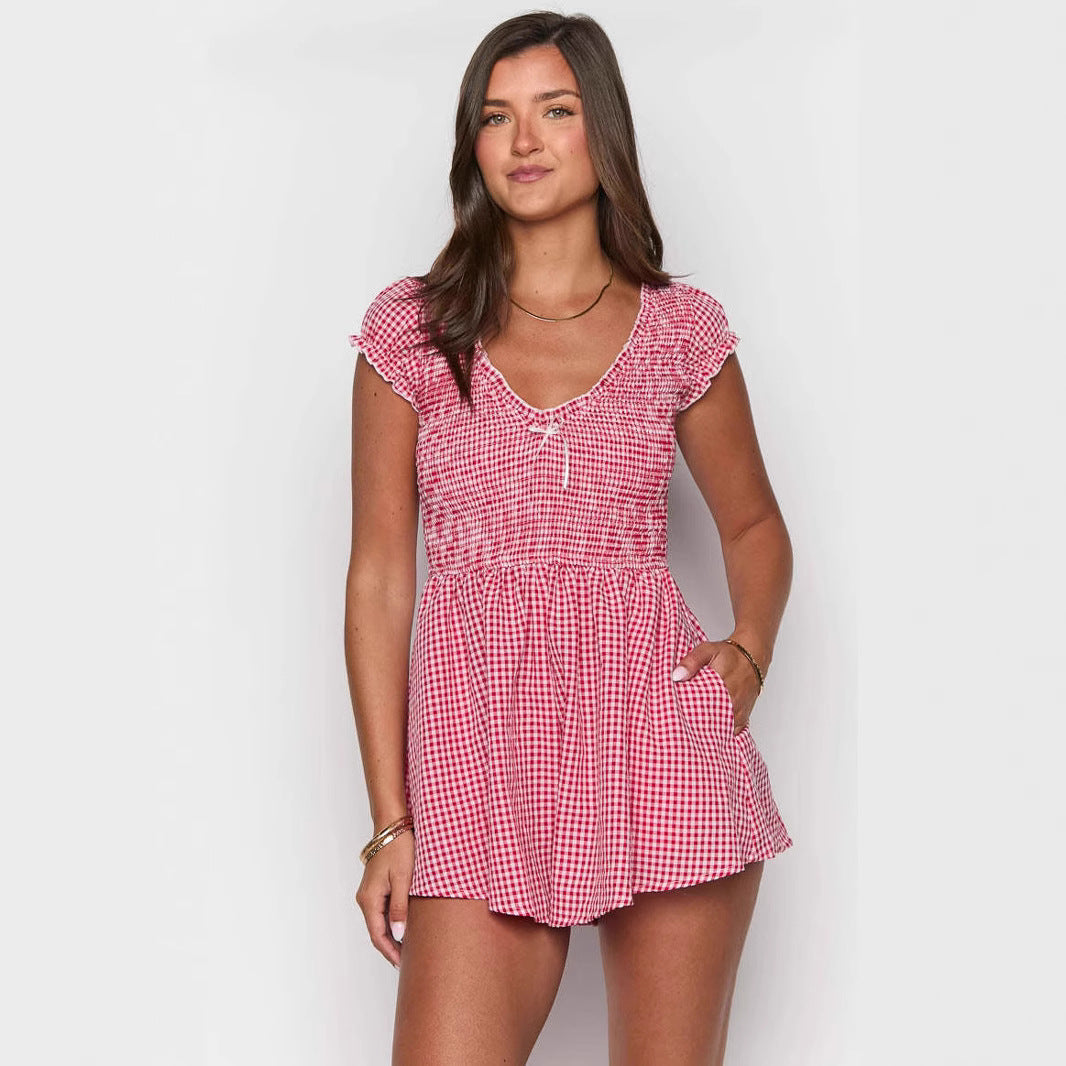 Sexy Ruffles Slim-fit Women's Plaid Jumpsuit