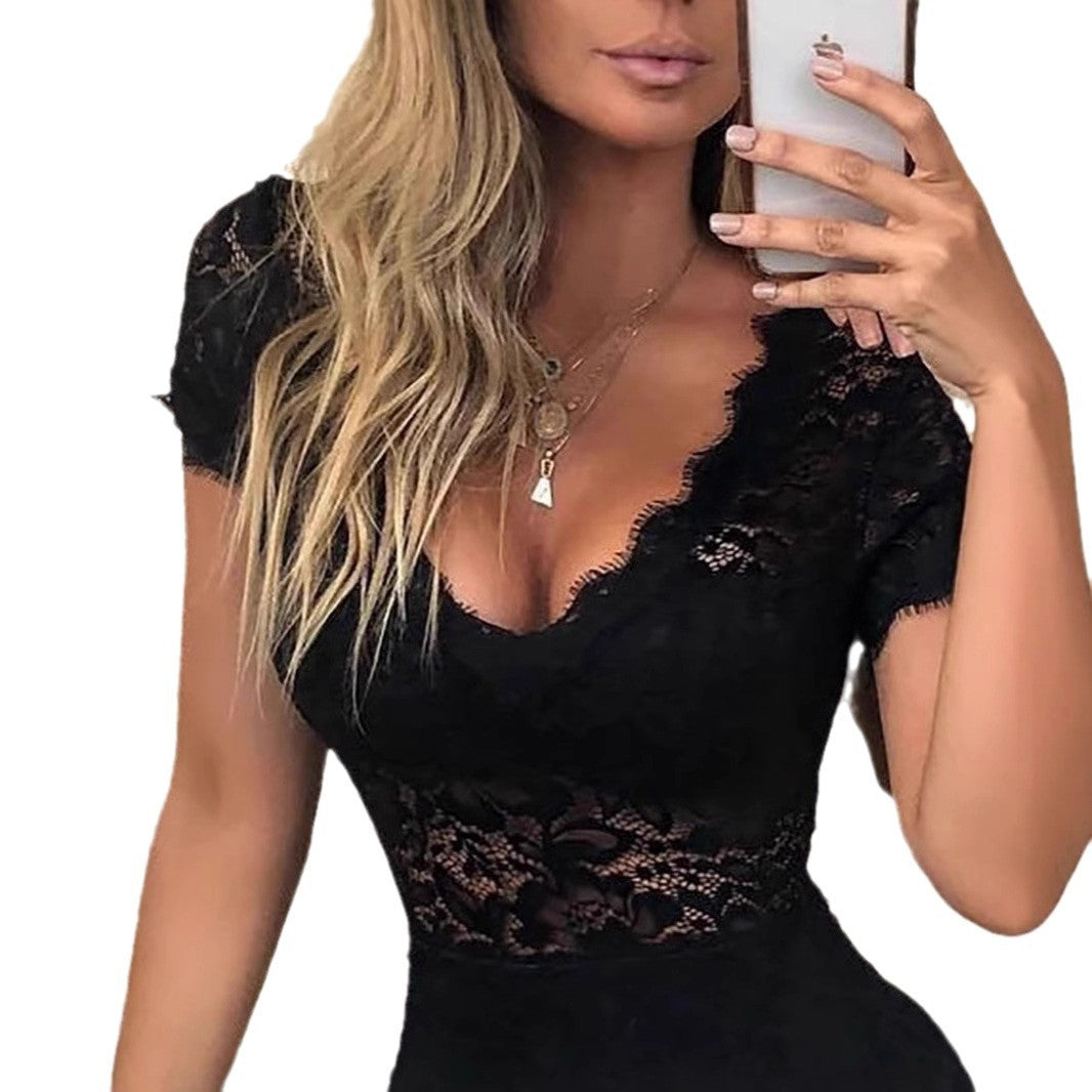 Summer New V-neck Sexy Hollow-out Slim Lace Women's Jumpsuit