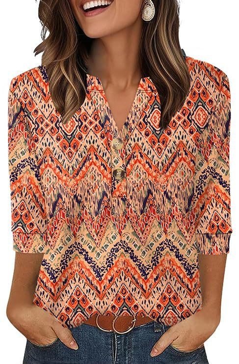Womens Plus-Size Loose V-Neck Buttoned Three-Quarter Sleeve T-Shirt