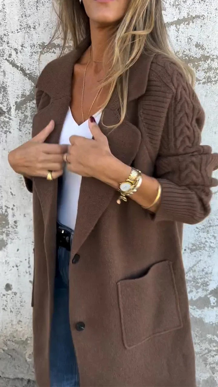 Women's Twist Knit Stitching Lapel Large Coat