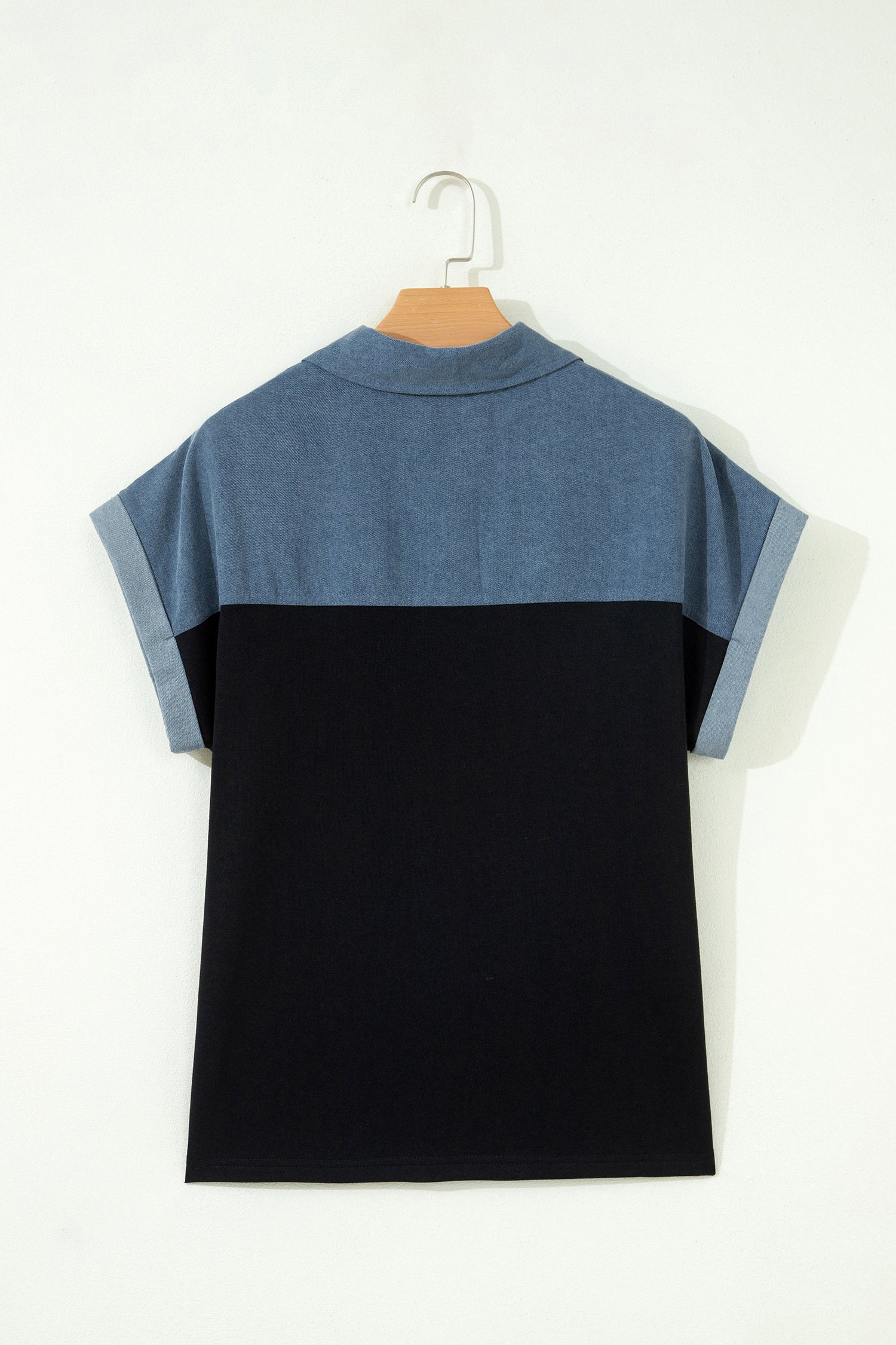 Light Grey Color Block Denim Patchwork Button Polo Collar Short Sleeve Top