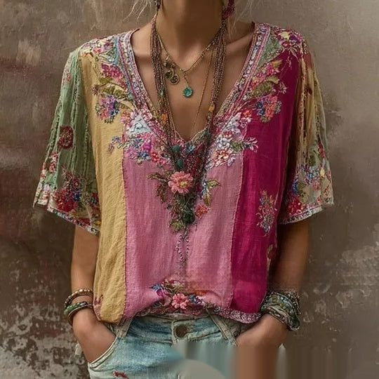 Womens V neck 3D printed Short sleeve Top With An Elegant Artistic And Vintage Vibe