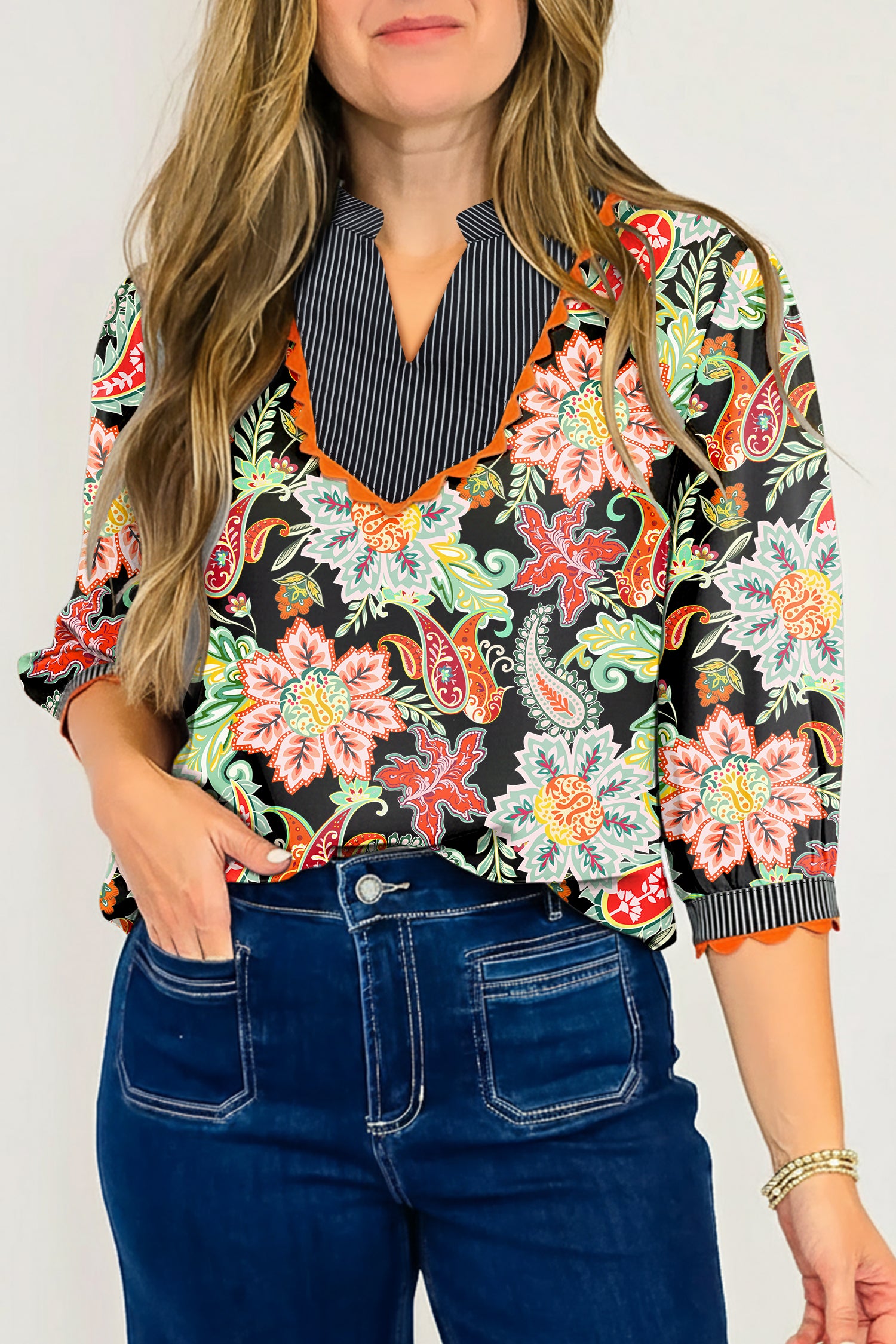 Black Contrast Ricrac Trim Striped Edge Patchwork Floral Print Blouse