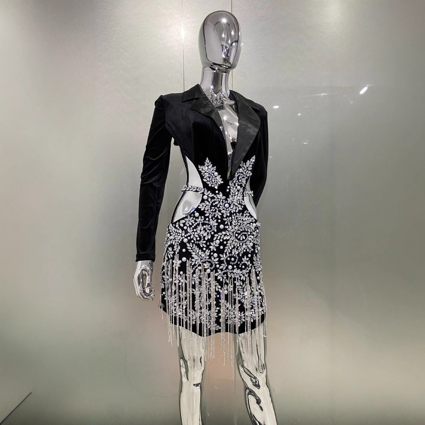 Luxury Rhinestone Tassel Sexy Cutout Suit Dress