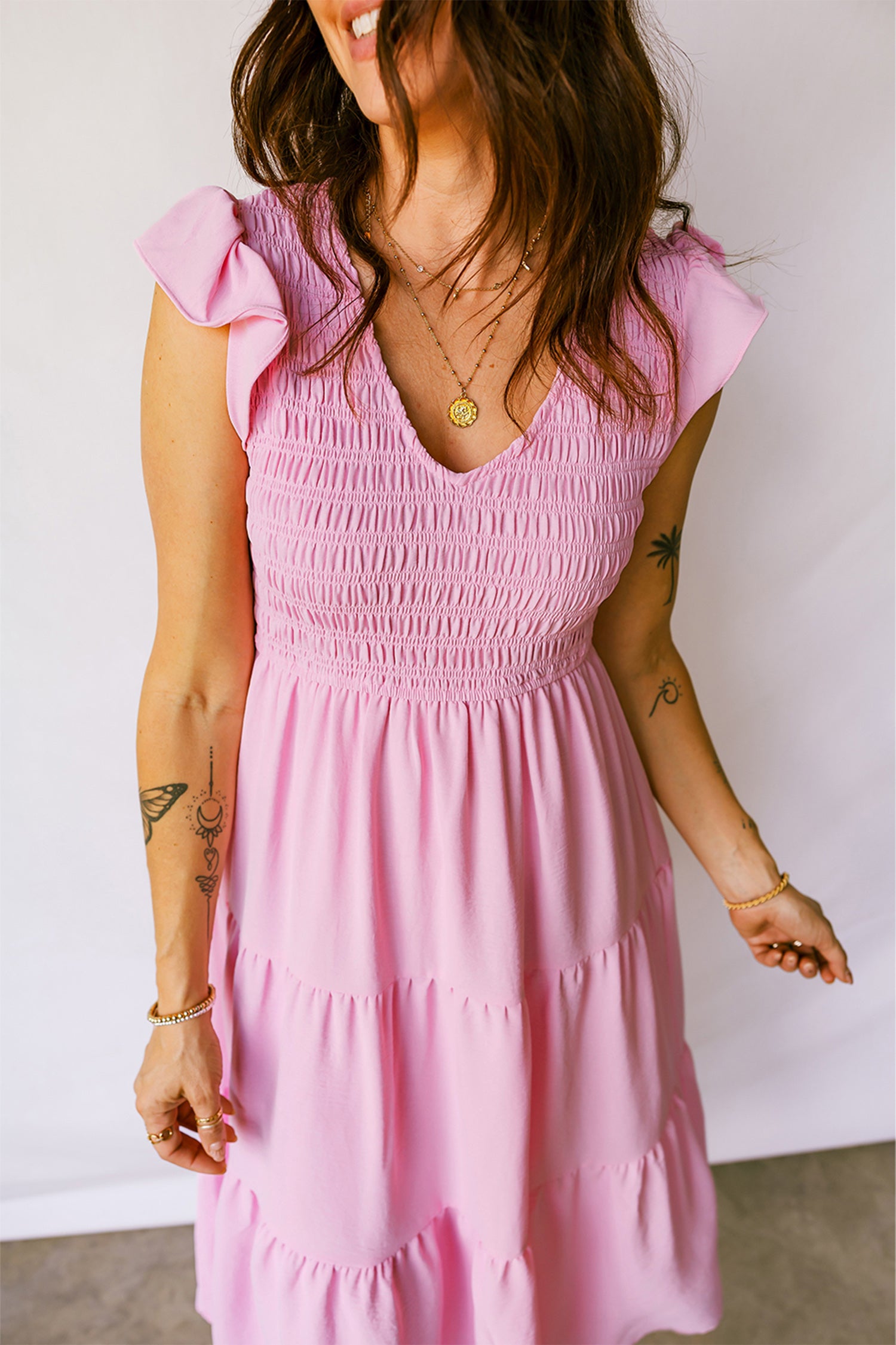 Pink Smocked Bodice Flutter Sleeve Fit Flare Tiered Midi Dress